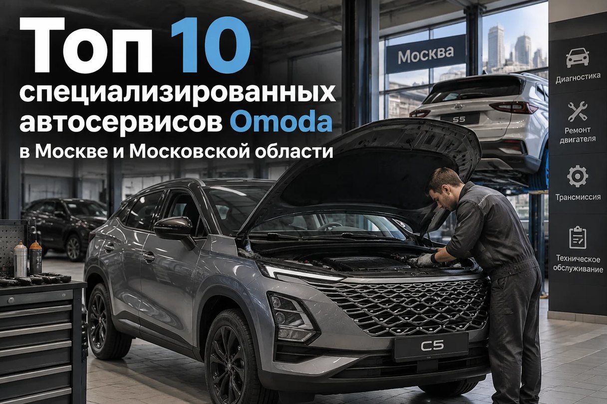 Автомеханик в рабочей форме осматривает двигатель серого кроссовера Omoda C5 в современном сервисном центре
