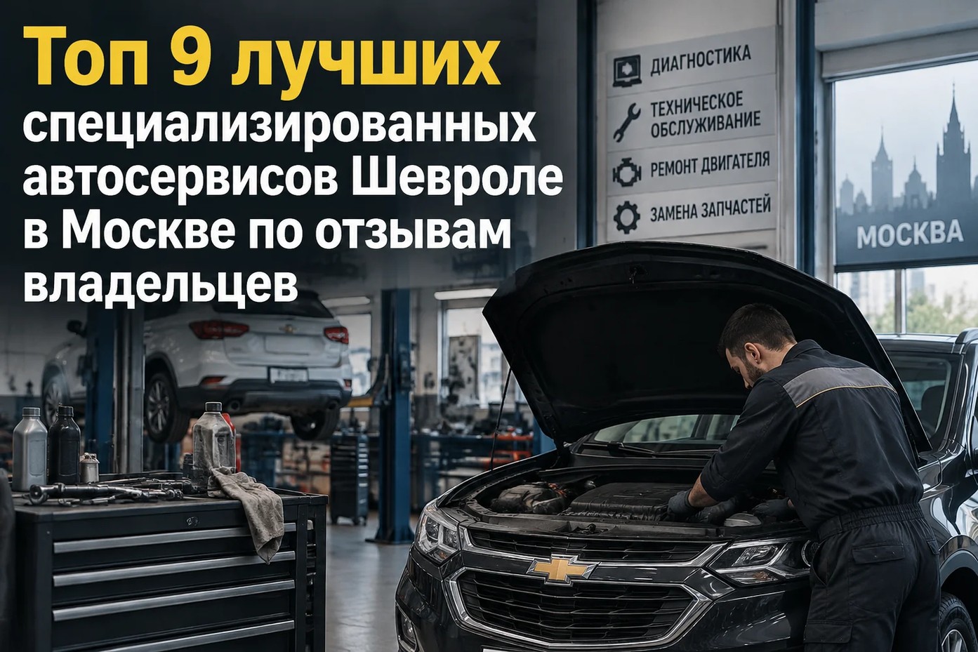 Автомеханик в рабочей форме выполняет ремонт двигателя автомобиля Chevrolet в профессиональном сервисном центре в Москве