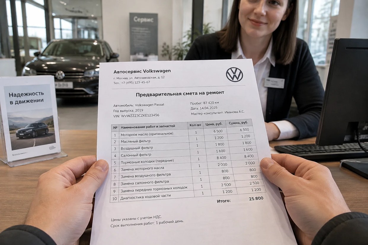 Клиент держит в руках лист с предварительной сметой на ремонт автомобиля Volkswagen Passat в автосервисе