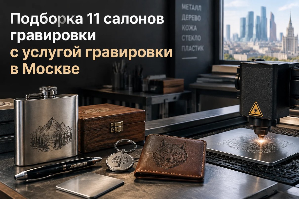 Лазерный станок работает в мастерской рядом с готовыми изделиями с гравировкой на фоне панорамы Москвы
