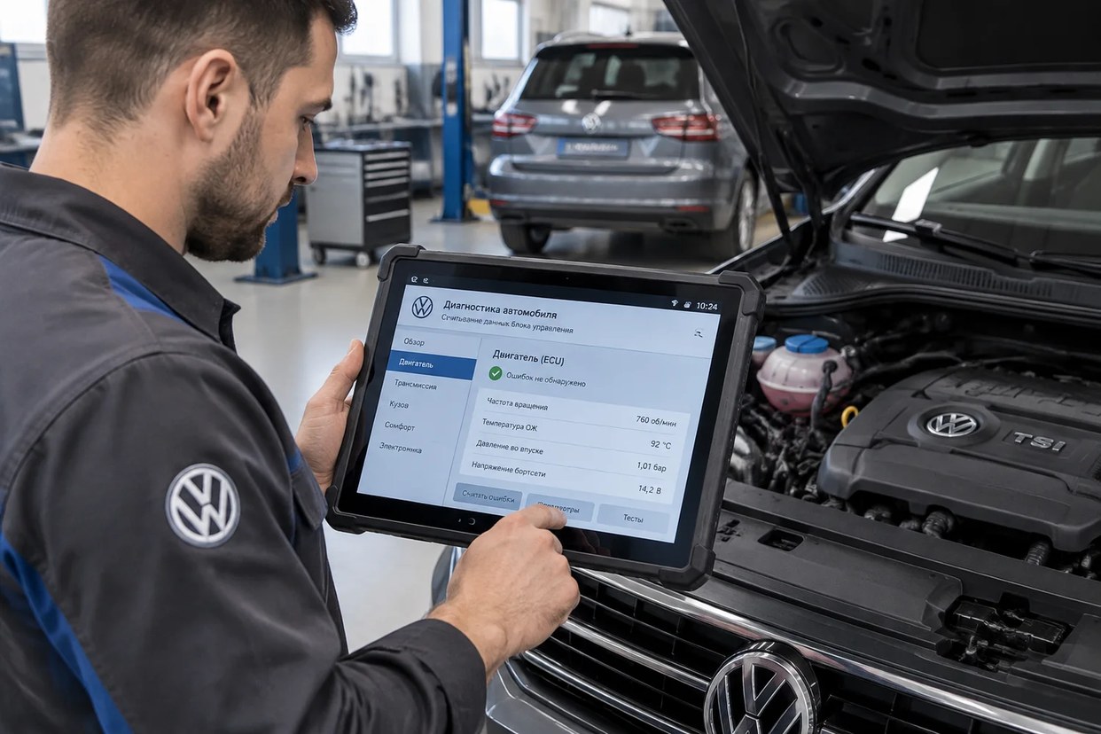 Мастер в спецодежде с логотипом Volkswagen держит планшет с результатами диагностики двигателя автомобиля в ремонтной зоне автосервиса