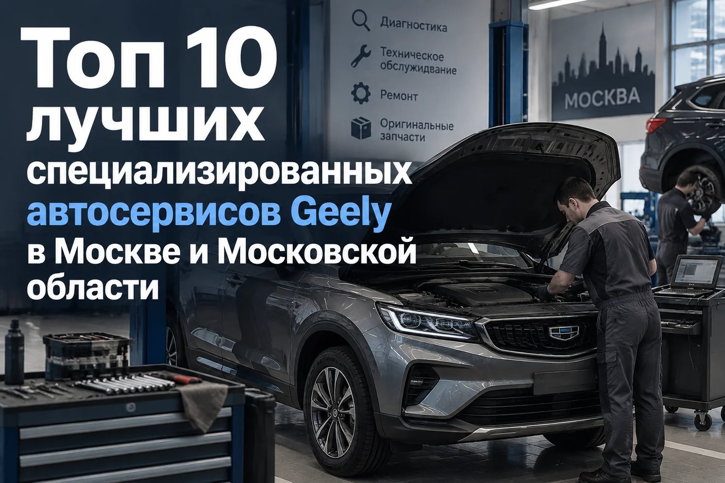 Механик в спецодежде проверяет двигатель кроссовера Geely в современном сервисном центре с диагностическим оборудованием