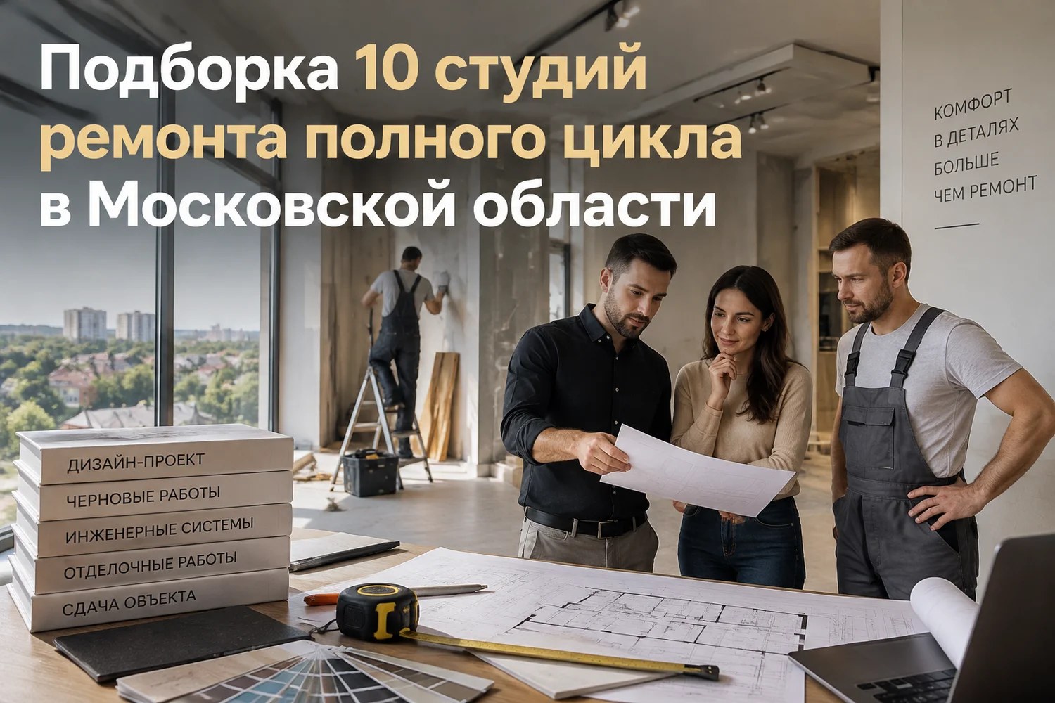 Дизайнер и прораб обсуждают чертежи в строящейся квартире на фоне рабочего процесса