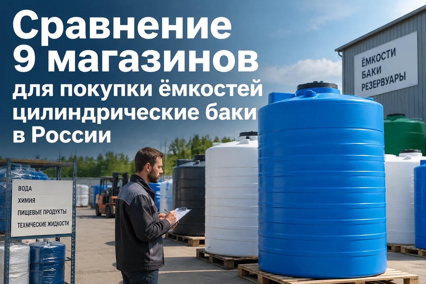 Ряд пластиковых и металлических цилиндрических баков разного цвета и размера стоит на складской площадке рядом с погрузчиком