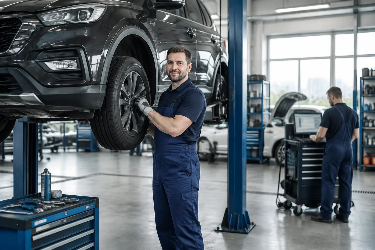Улыбающийся автомеханик в синей униформе проверяет колесо поднятого на подъемнике кроссовера Kia в светлом ремонтном боксе