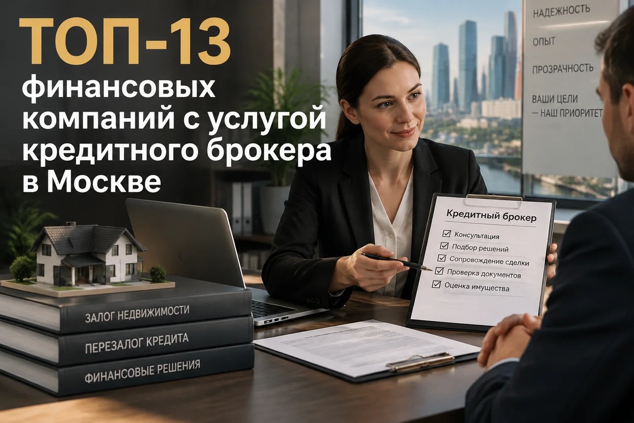 Женщина кредитный брокер в деловом костюме показывает клиенту список услуг в офисе с видом на небоскребы Москвы